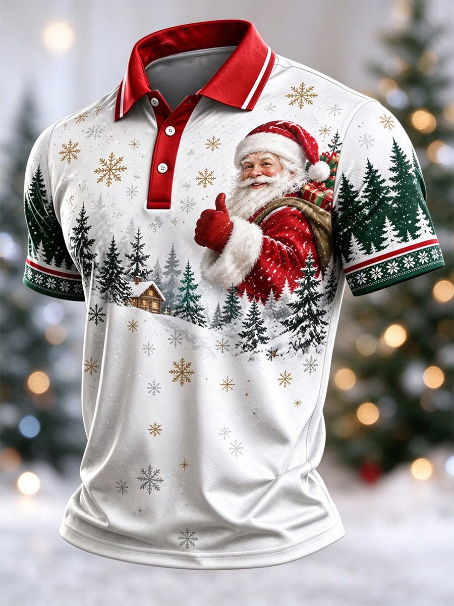 Men's Christmas Thumbs Up Santa Snow Cabin Print Short Sleeve Polo Shirt