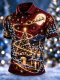 Men's Fantasy Christmas Moon Sleigh Town Print Short Sleeve Polo Shirt