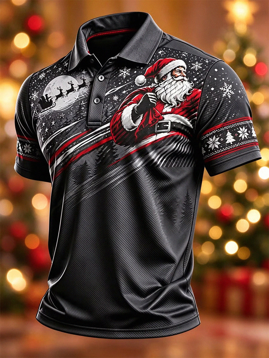 Men's Retro Comic Santa Sleigh Snowy Forest Christmas Print Short Sleeve Polo Shirt