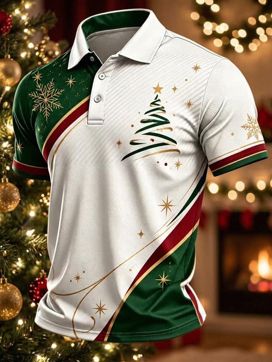 Men's Luxury Minimalist Line Christmas Tree Print Short Sleeve Polo Shirt