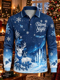 Men's Christmas Snowflake Reindeer Silent Night Print Long Sleeve Polo Shirt
