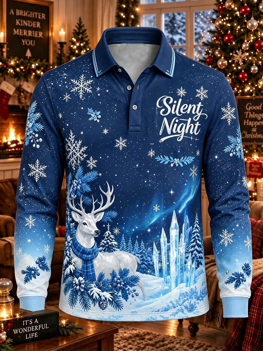 Men's Christmas Snowflake Reindeer Silent Night Print Long Sleeve Polo Shirt