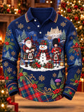 Men's Christmas Santa Bagpiper Snowman Print Long Sleeve Polo Shirt