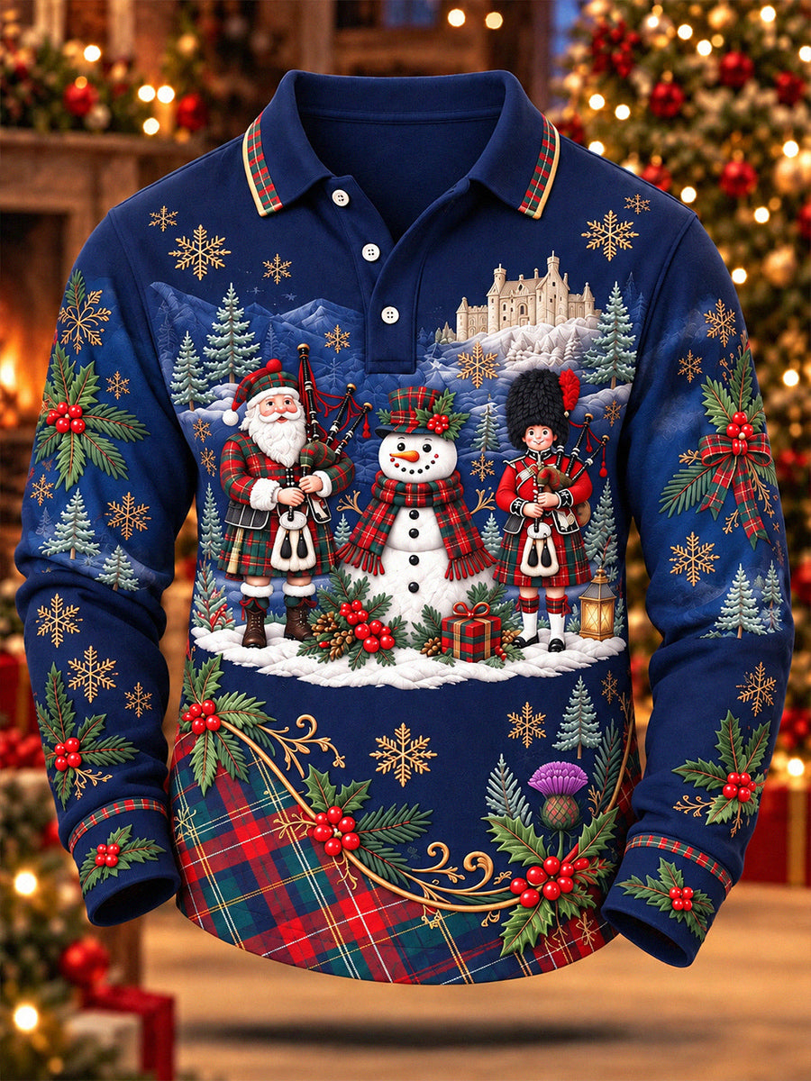 Men's Christmas Santa Bagpiper Snowman Print Long Sleeve Polo Shirt