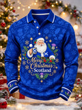 Men's Merry Christmas Santa Thistle Flower Print Long Sleeve Polo Shirt