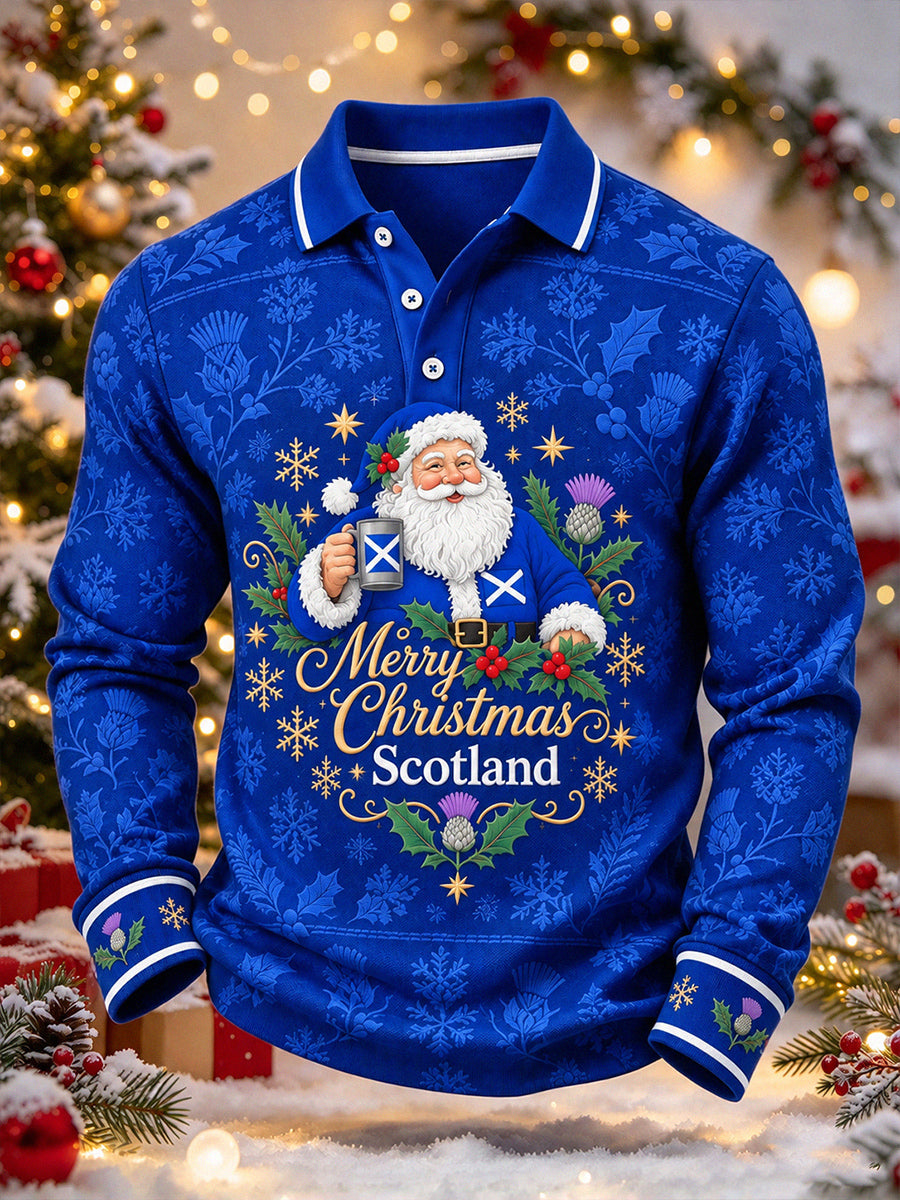 Men's Merry Christmas Santa Thistle Flower Print Long Sleeve Polo Shirt