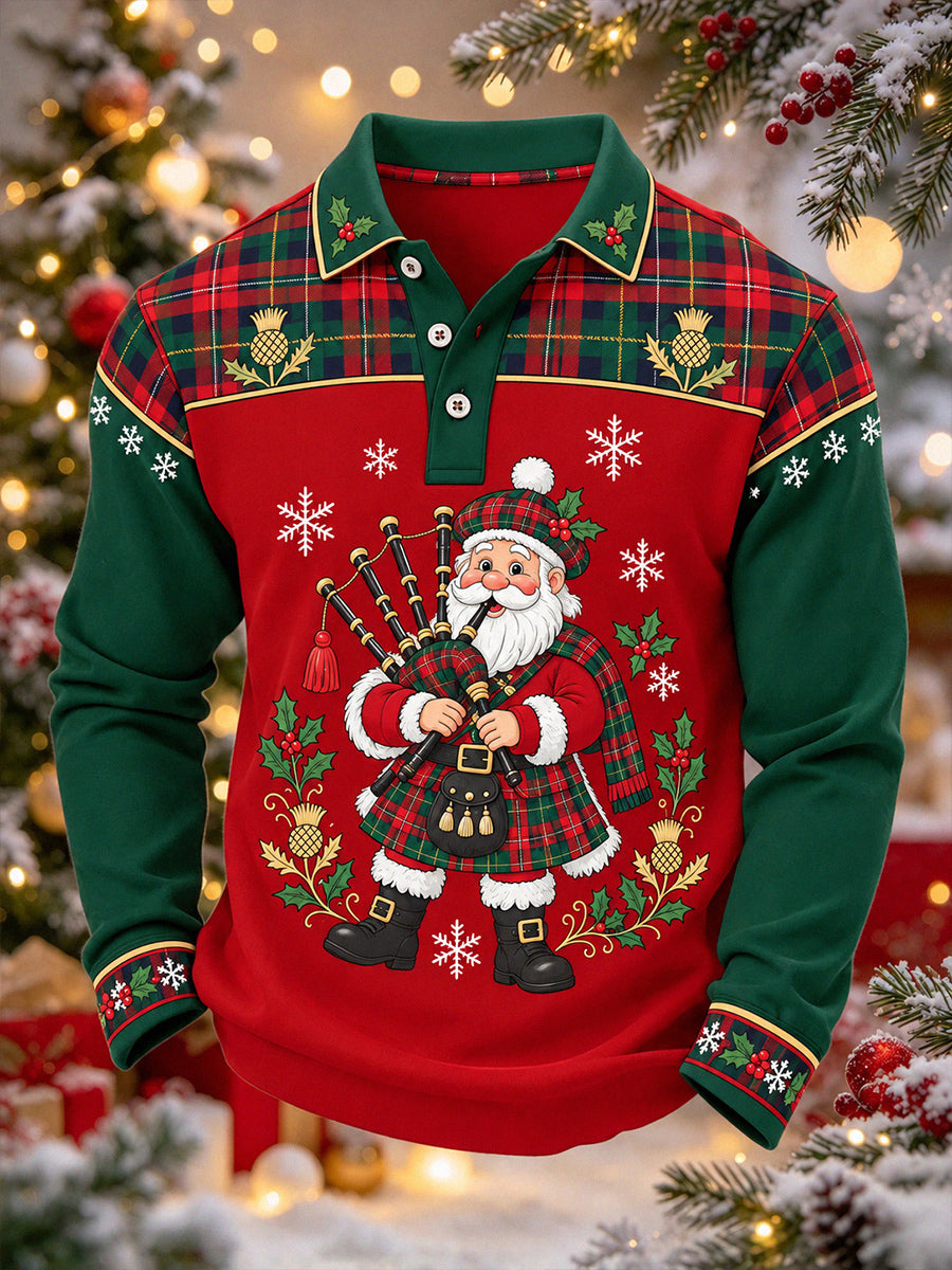 Men's Christmas Santa Playing Bagpipes Print Long Sleeve Polo Shirt