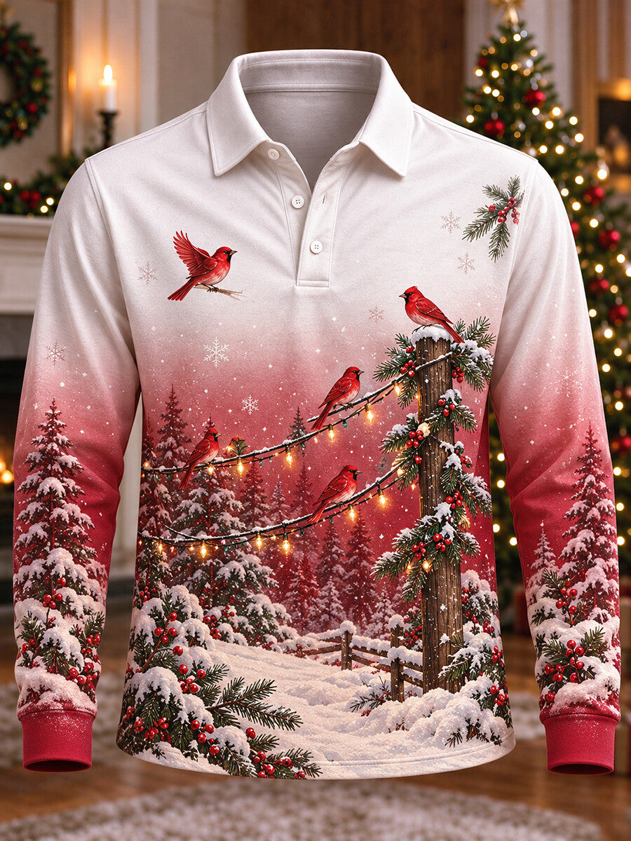 Men's Christmas Snowy Forest Red Cardinals Print Long Sleeve Polo Shirt