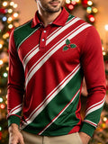 Men's Christmas Holly Berry Striped Print Long Sleeve Polo Shirt