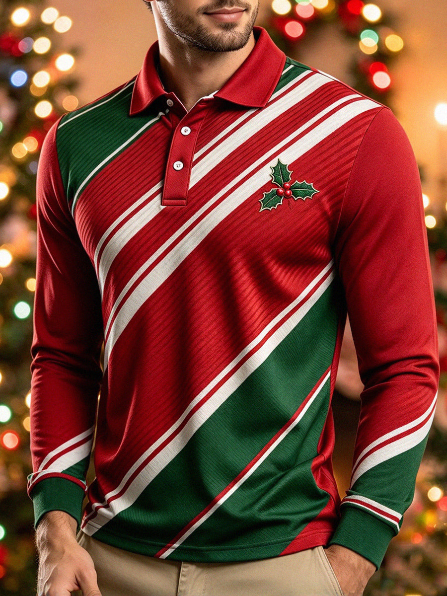 Men's Christmas Holly Berry Striped Print Long Sleeve Polo Shirt
