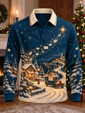 Men's Vintage Christmas Mail Truck Print Long Sleeve Polo Shirt