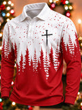 Men's Christmas Cross Red Pine Tree Print Long Sleeve Polo Shirt