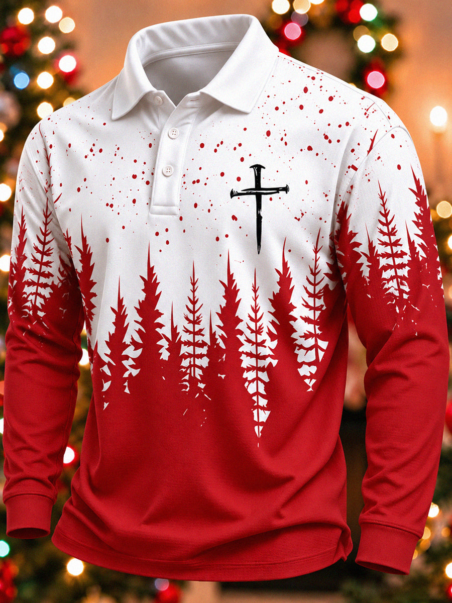 Men's Christmas Cross Red Pine Tree Print Long Sleeve Polo Shirt
