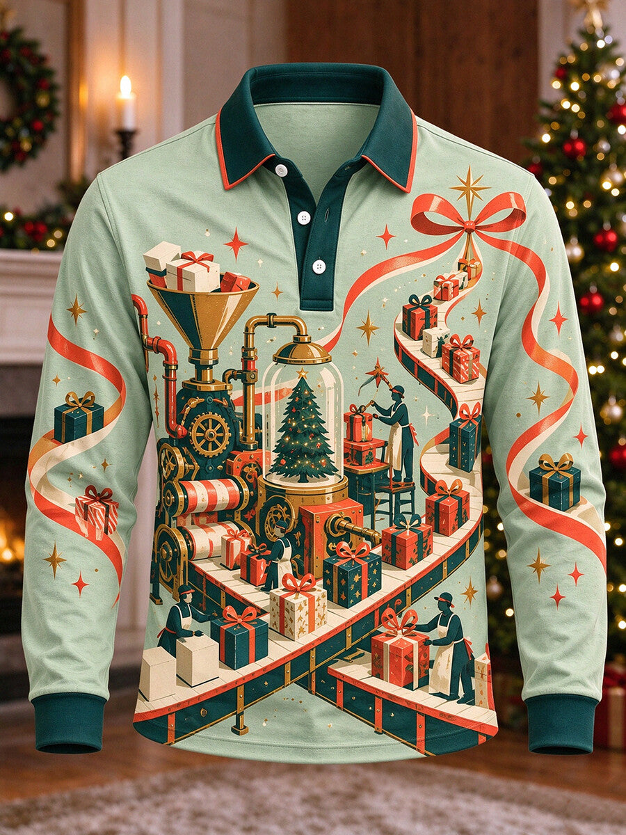 Men's Vintage Christmas Gift Factory Print Long Sleeve Polo Shirt