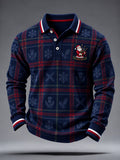 Men's Christmas Santa Plaid Snowflake Print Long Sleeve Polo Shirt
