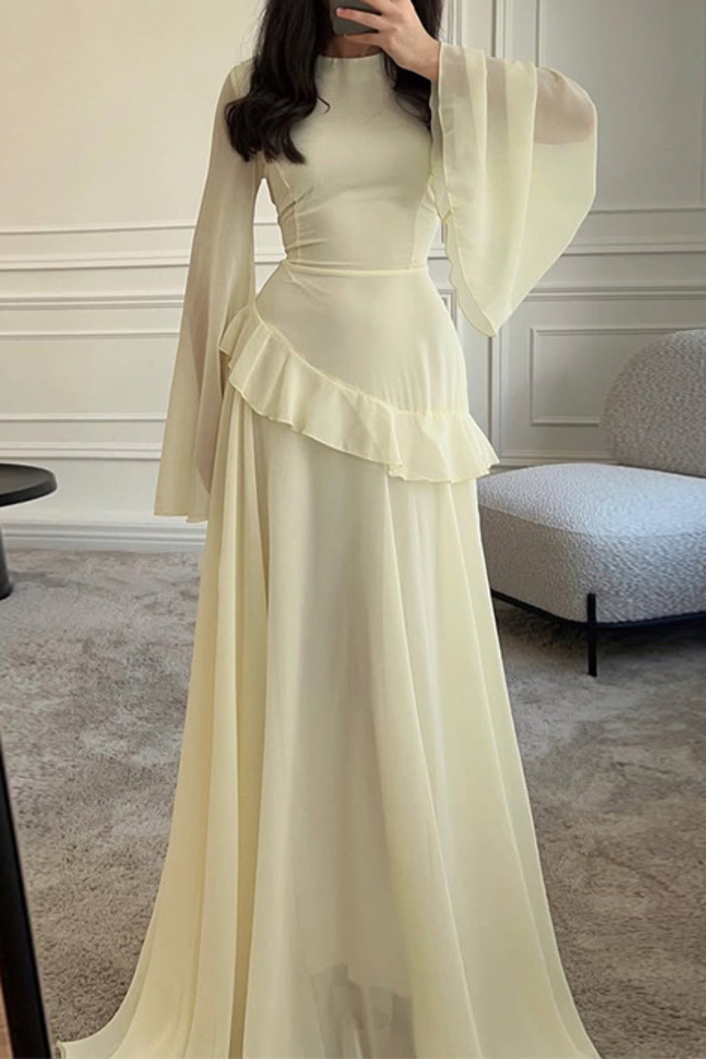 Semi-Sheer Asymmetric Ruffle Trim Flare Sleeve Tied Up Chiffon Maxi Dresses