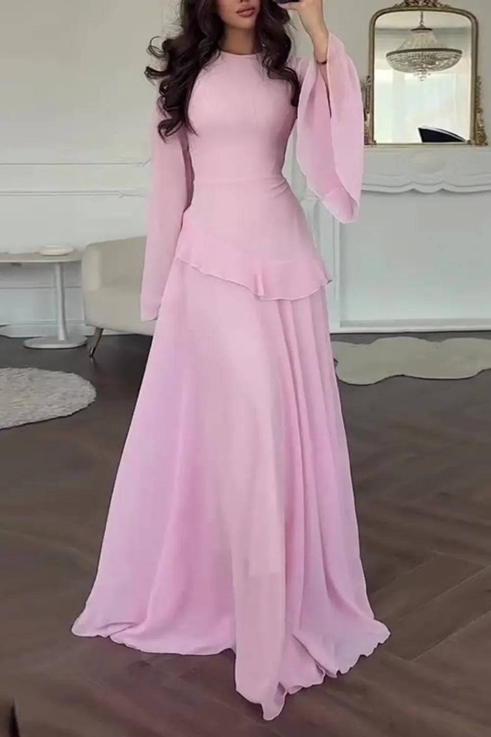 Semi-Sheer Asymmetric Ruffle Trim Flare Sleeve Tied Up Chiffon Maxi Dresses