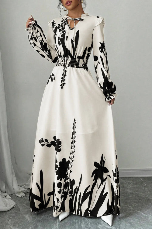 Floral Print Tie Up Frilled V Neck Long Sleeve Cinch Waist Maxi Dresses