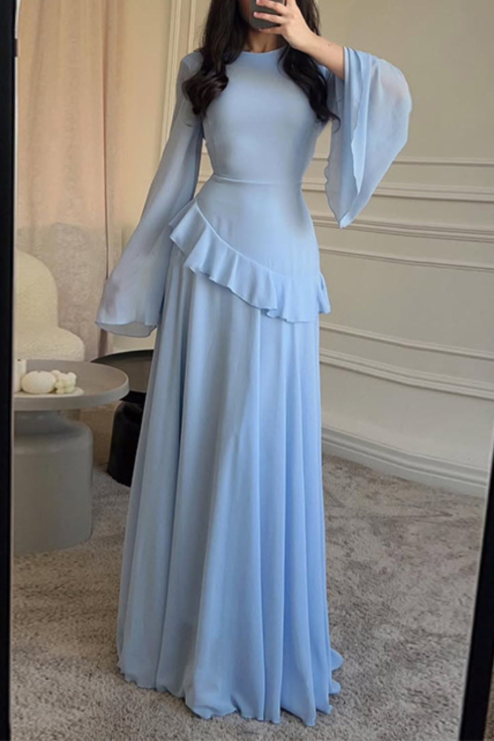 Semi-Sheer Asymmetric Ruffle Trim Flare Sleeve Tied Up Chiffon Maxi Dresses