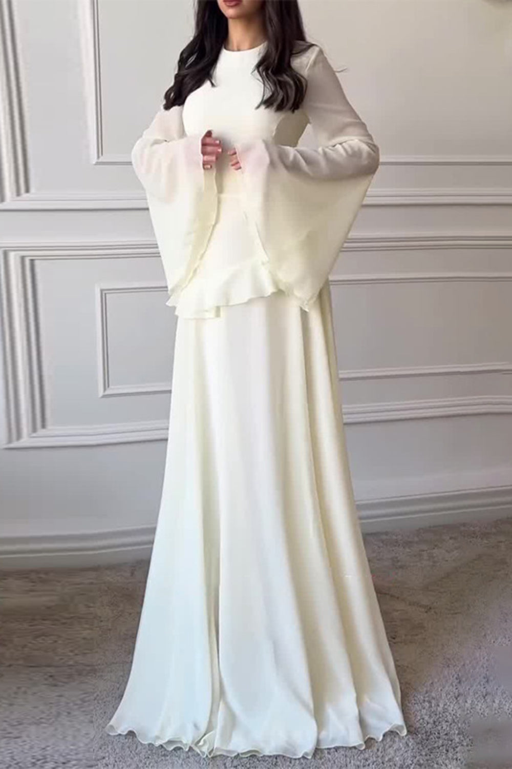 Semi-Sheer Asymmetric Ruffle Trim Flare Sleeve Tied Up Chiffon Maxi Dresses