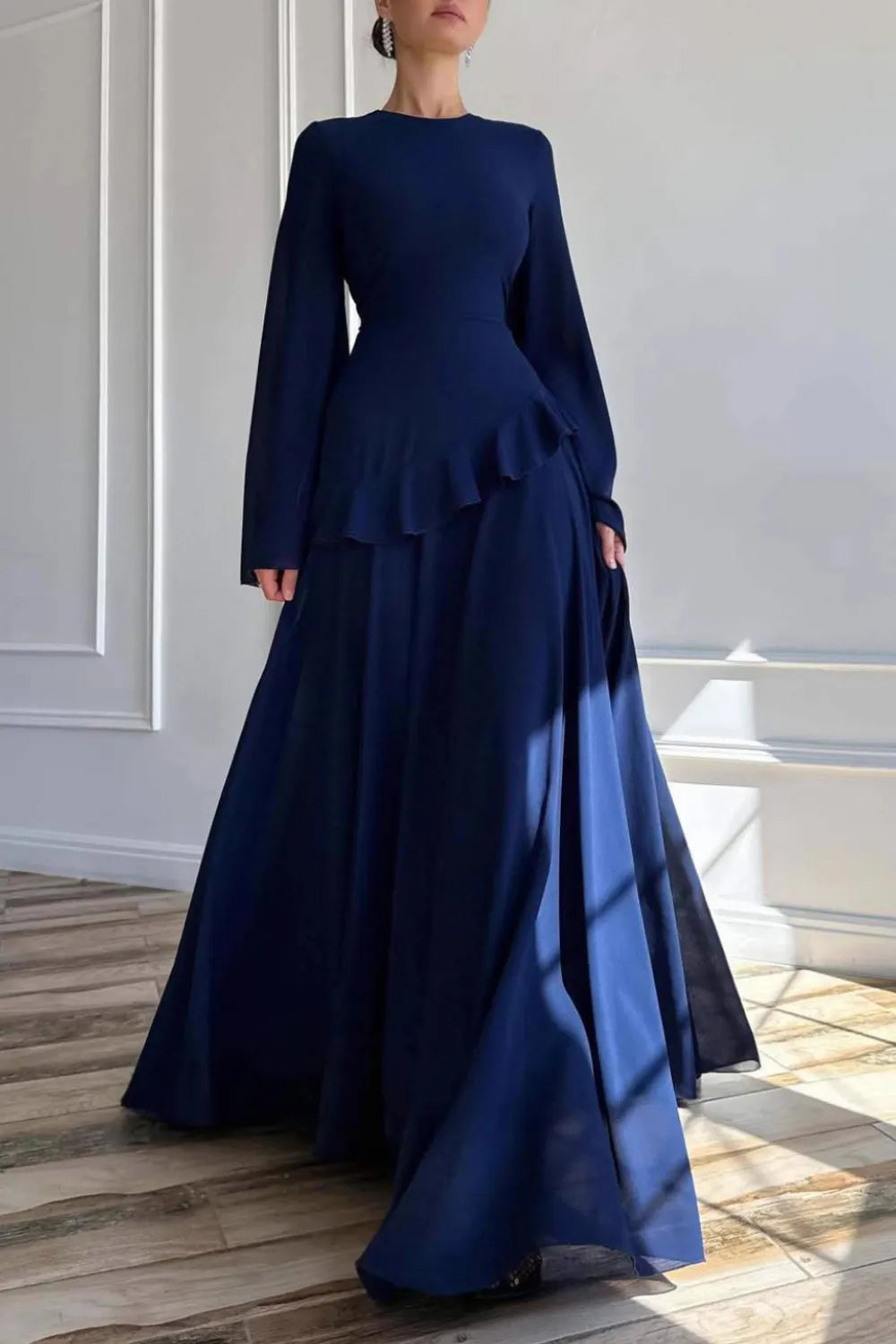 Semi-Sheer Asymmetric Ruffle Trim Flare Sleeve Tied Up Chiffon Maxi Dresses
