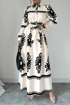 Tribal Pattern Print Turndown Collar Long Sleeve Tie Up Maxi Dresses