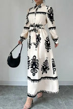 Tribal Pattern Print Turndown Collar Long Sleeve Tie Up Maxi Dresses