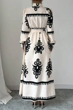 Tribal Pattern Print Turndown Collar Long Sleeve Tie Up Maxi Dresses