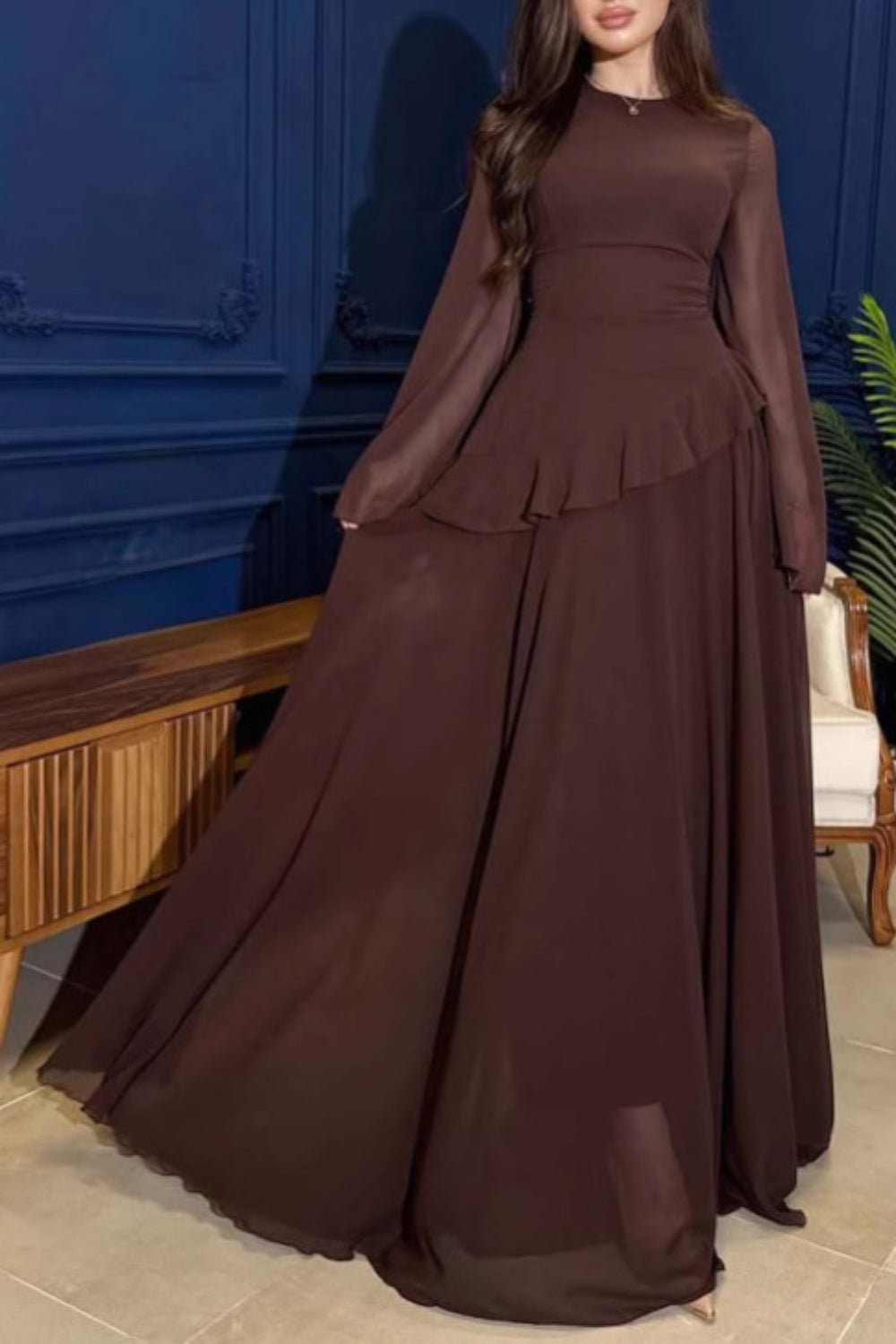 Semi-Sheer Asymmetric Ruffle Trim Flare Sleeve Tied Up Chiffon Maxi Dresses