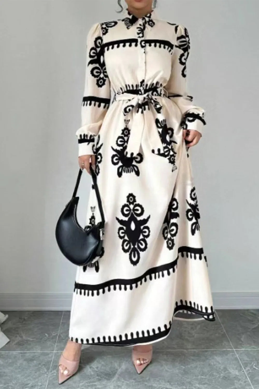 Tribal Pattern Print Turndown Collar Long Sleeve Tie Up Maxi Dresses