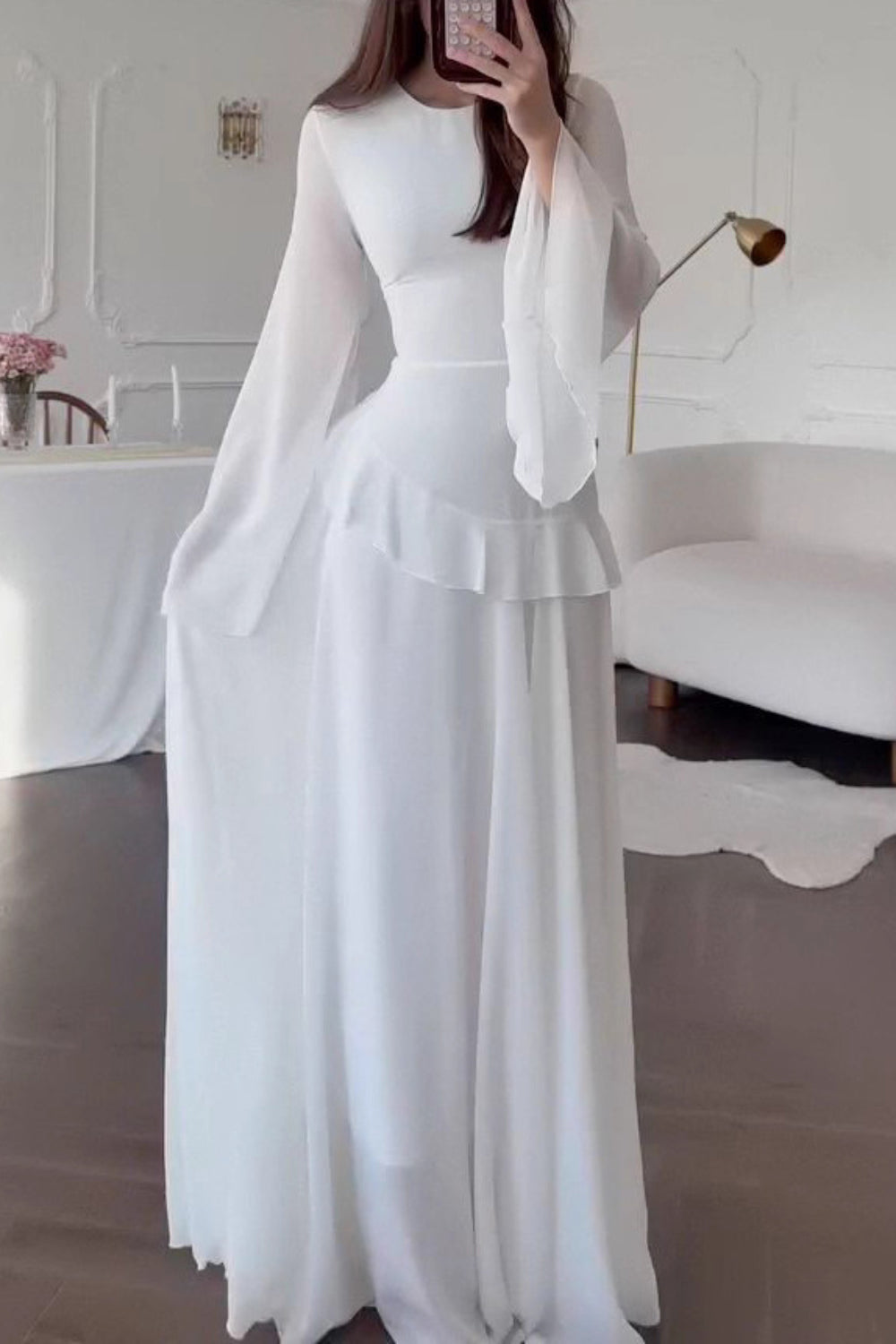 Semi-Sheer Asymmetric Ruffle Trim Flare Sleeve Tied Up Chiffon Maxi Dresses