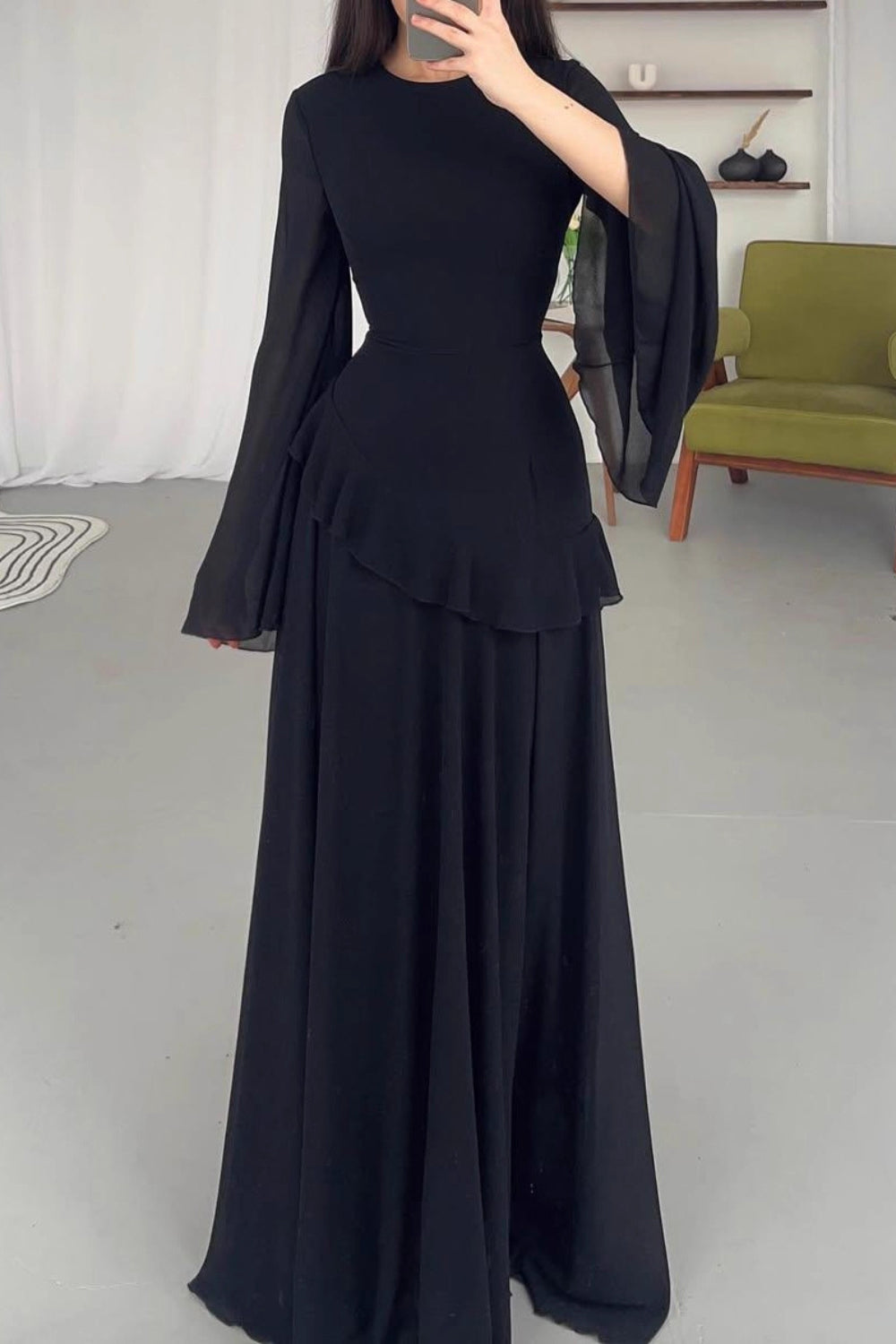 Semi-Sheer Asymmetric Ruffle Trim Flare Sleeve Tied Up Chiffon Maxi Dresses